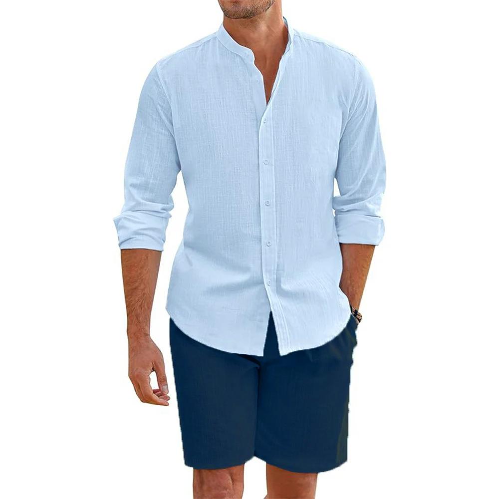 2 Pcs Sets Men's Summer Cotton Linen Shirt and Shorts Cardigan Simple Casual Beach Shirts Comfortable Hawaiian Wear