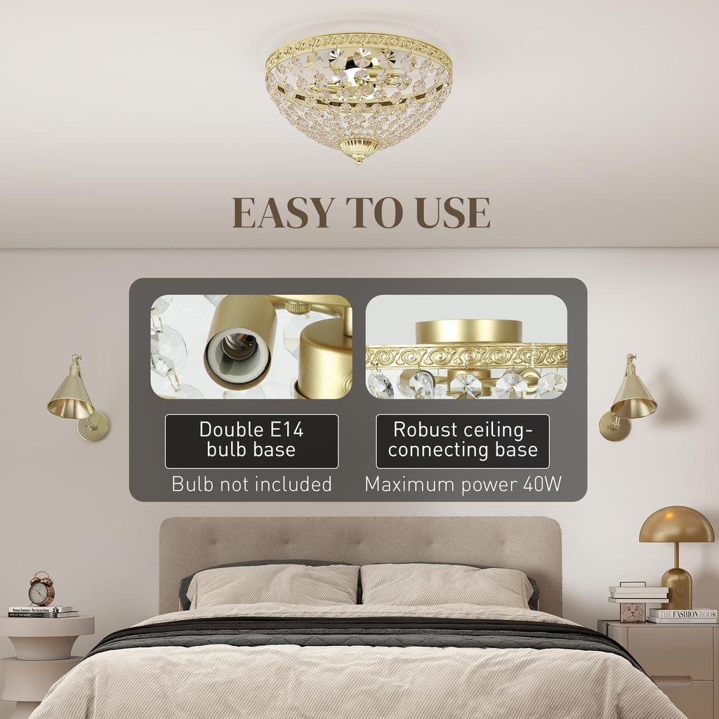 Crystal Chandelier Ceiling Light with 168 Octagonal Beads, Vintage 2-Light Flush Mount Ceiling Light for Living Room, Bedroom, Hallway, Dining Room