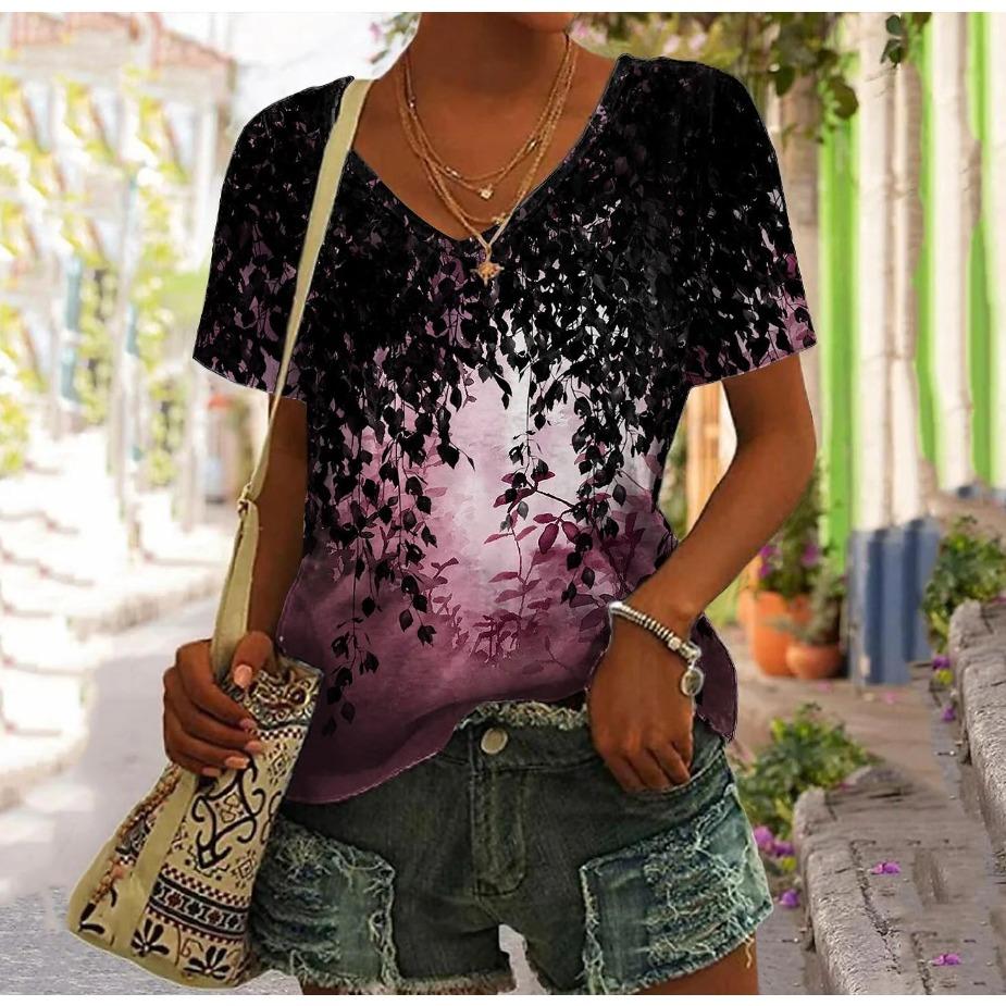 Summer New 3D Printed V-neck Comfortable Casual T-shirt Women's Top
