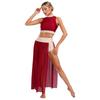 S-XL Womens Shiny Rhinestones Lyrical Dance Outfit Mock Neck Sleeveless Keyhole Back Crop Top with Side Split Flowy Mesh Skirt