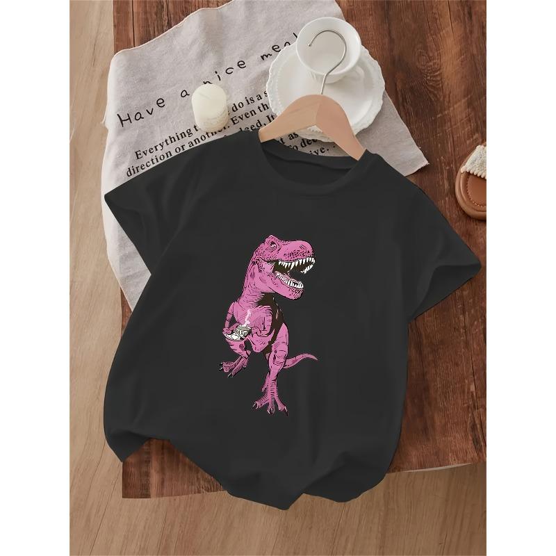 European sizes Girls' Dinosaur Print Round Neck T-Shirt for Spring/Summer, Comfortable Casual Outdoor Walking Wear and Summer Gift Choice