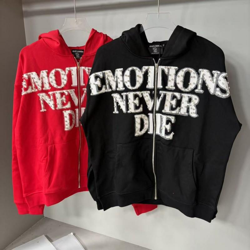 Mixed Emotion Zip-Up Hoodie Sweatshirt Men Women Letter Rhinestone Decor Casual Outerwear
