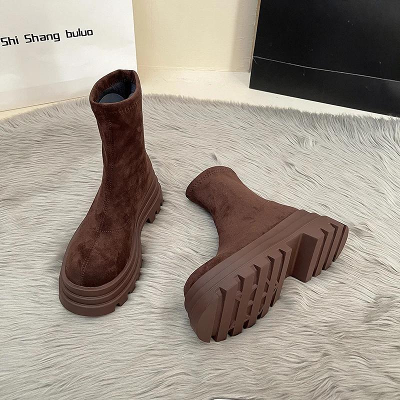 Fashion Vintage Platform Increase Women Ankle Boots Fashion Slip On Shoes Autumn Winter British Style Ladies Elegant Short Booties