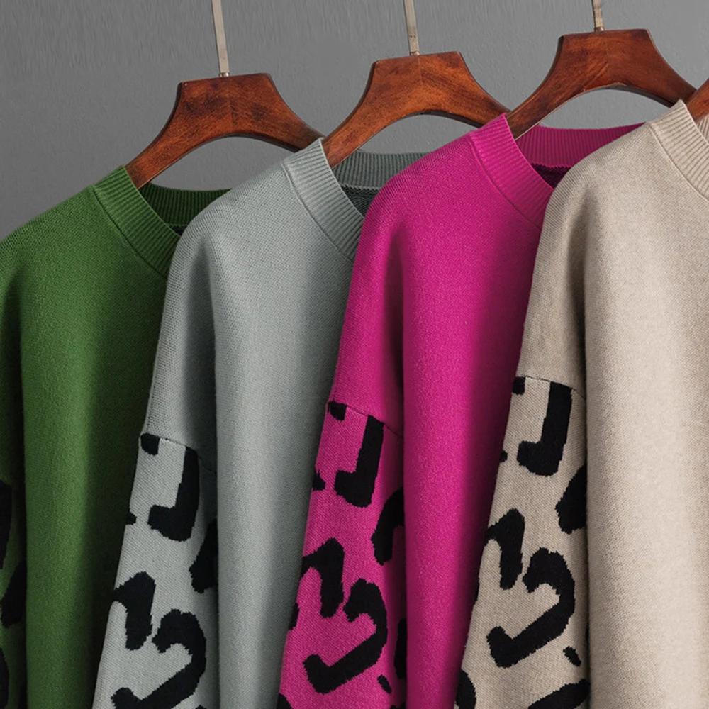 Свитер женский леопардовый принт пуловеры свободные длинные рукава О-образный вырез трикотажные джемперы теплые базовые вещи осень зима модные топы