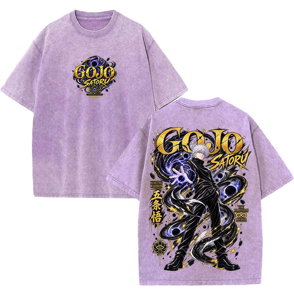 Anime Jujutsu Kaisen Satoru Gojo T-shirt Vintage Washed Oversized T Shirt Short Sleeve 100% Cotton Tees Tops Men Women Clothing