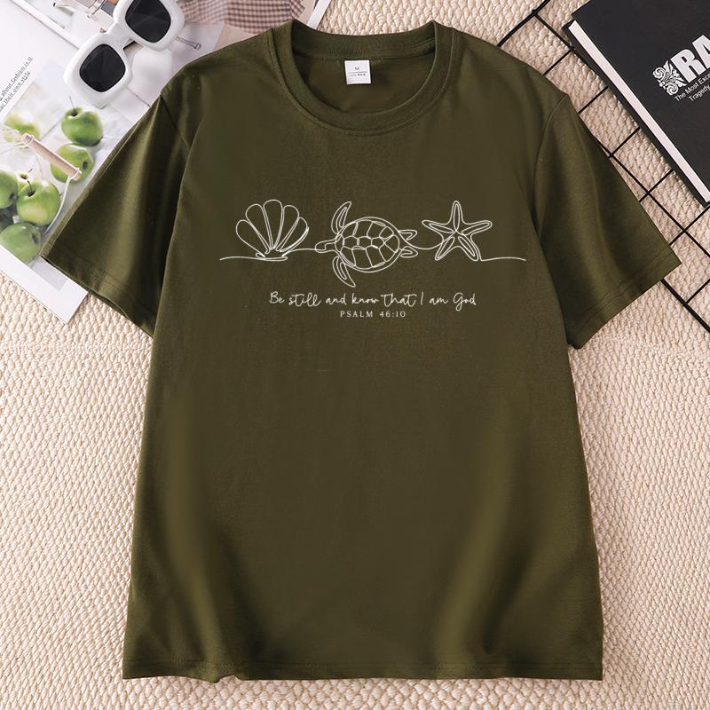 Be Still and Know That I Am God T Shirt Bible Verse T Shirt Casual Round Neck Seashell TShirt Cotton Short Sleeve Round Neck