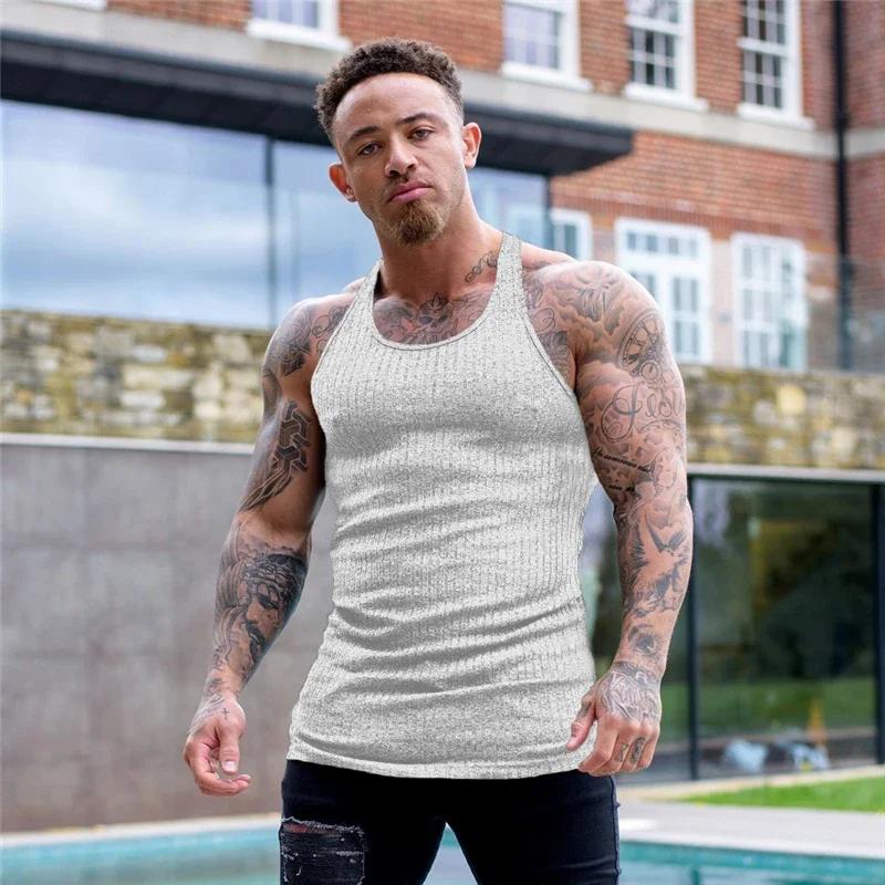 Muscleguys Однотонные летние майки для бега, быстросохнущие, вязаные, майки для зала, фитнеса, без рукавов, в полоску, приталенные, мужская одежда для бодибилдинга