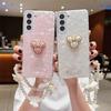 Прозрачный чехол с милым мультяшным медведем для Samsung Z Flip3 4 S23 S22 Ultra S21 S20 A14 A24 A54 A13 A23 A33 A53 A32 A52 с жемчужным ремешком с бантом