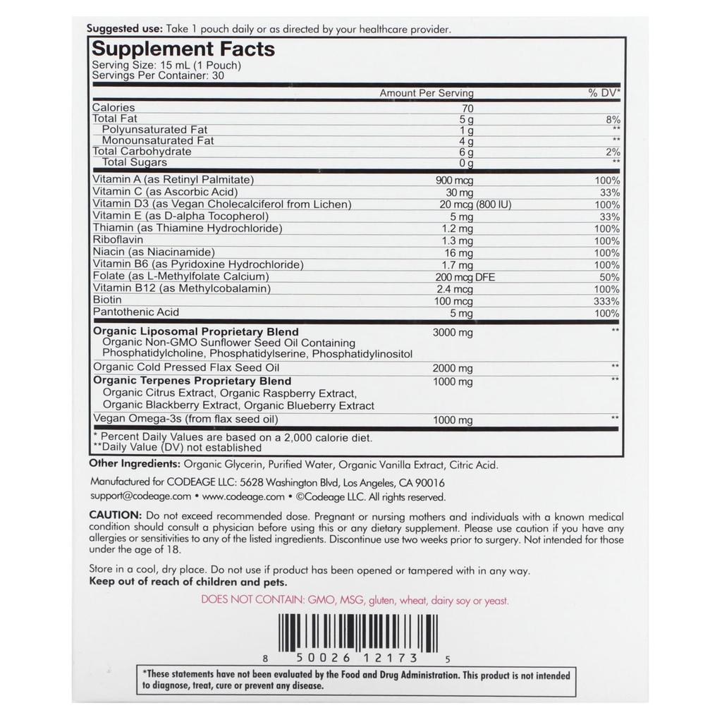 Codeage, Nanofood, Liposomal Women's Daily Formula, Peach, 30 Pouches, 0.5 fl oz (15 ml) Each