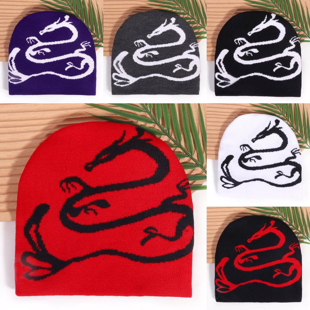 Street Style Knitted Cap With Dragon Animal Pattern For Cold Seasons