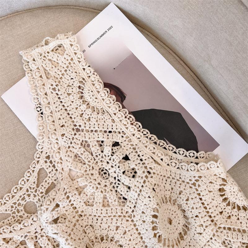 DIMANAF 2025 Новая футболка женская без рукавов вязаный кружевной жилет с круглым вырезом ажурный летний стиль базовые топы футболки свободная одежда