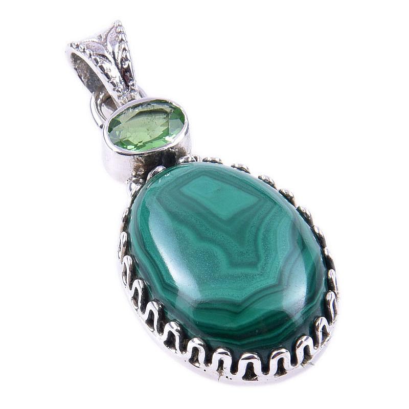 Подвеска из натурального малахита, перидота, стерлингового серебра 925 пробы, 1,50'' A5D35