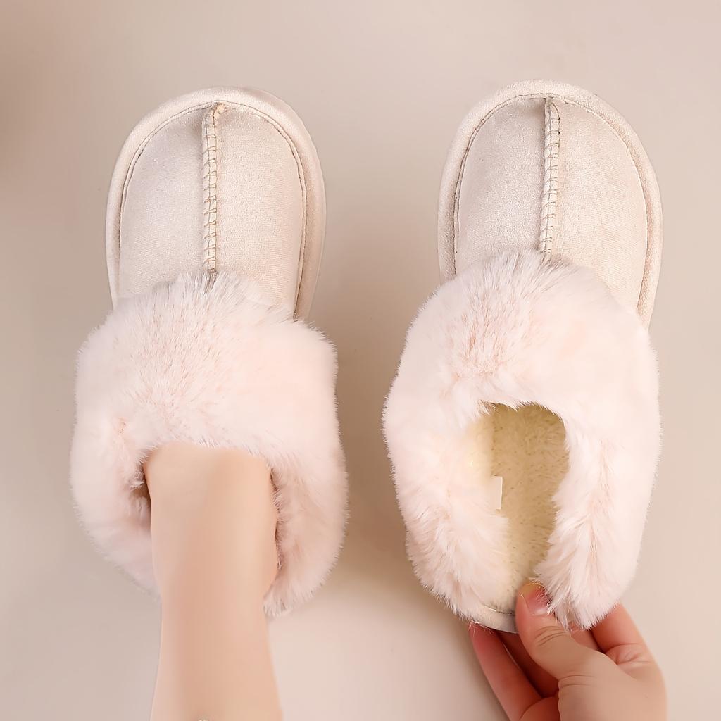 Solid Color Home Warm Slippers, Soft Sole Platform Plush Lined Backless Shoes, Round Toe Indoor Fluffy Shoes