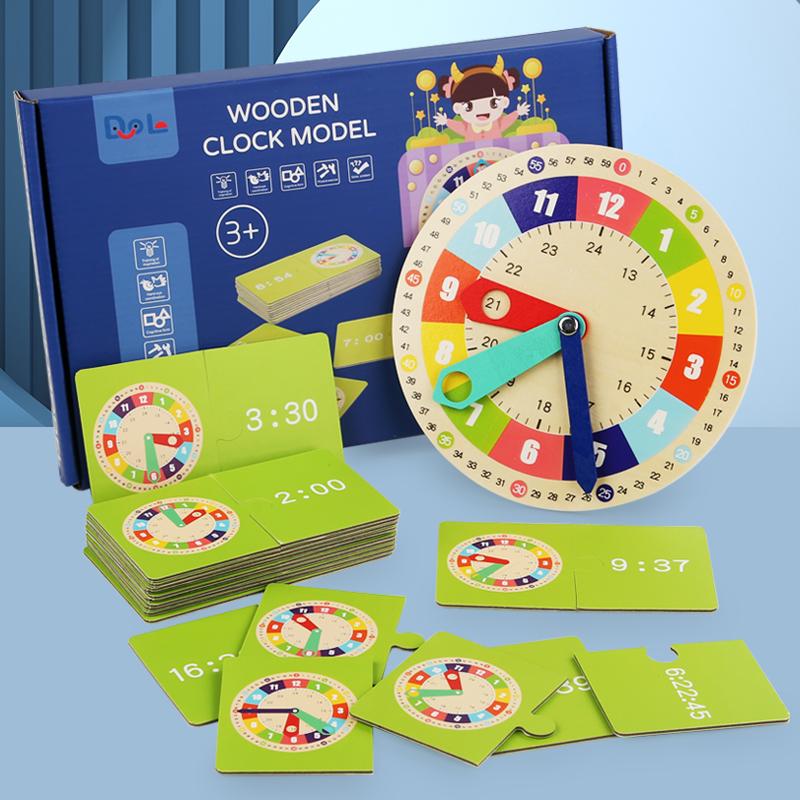 Wooden Clock Model Teaching Aid Learning Clocks with Cards Kindergartner Toy for Game Interaction Time Cogn