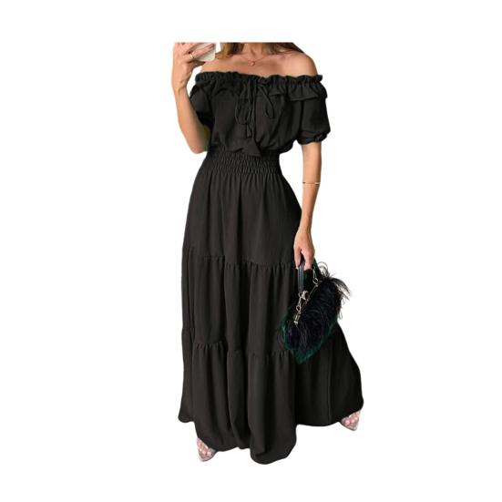 Women's Summer Off Shoulder Ruffle Maxi Dress Short Sleeve High Waist A-Line Dress Flowy Beach Long Dress