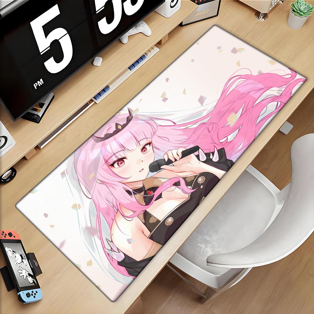 Gaming Mouse Pad Large Desk Mat Antislip Stitched Edges Pink Hair Anime Girl with Red Eyes Print Keyboard Pad for Gaming