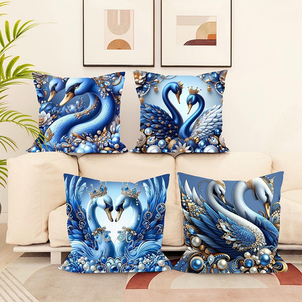 Exquisite Blue Swans Adorned with Jewels Pillowcases for Luxurious Comfort Sofa Cushion Cover Home Room Decoration