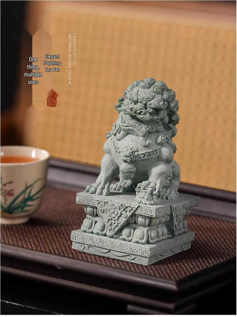 Chinese Green Sandstone & White Marble Lion Ornaments for Fish Tank Decoration