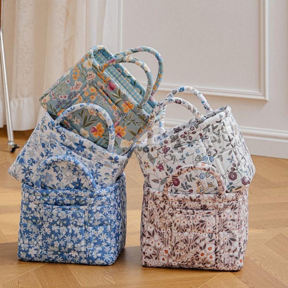 Vintage Foldable Laundry Basket Floral Print Quilted Storage Basket Travel