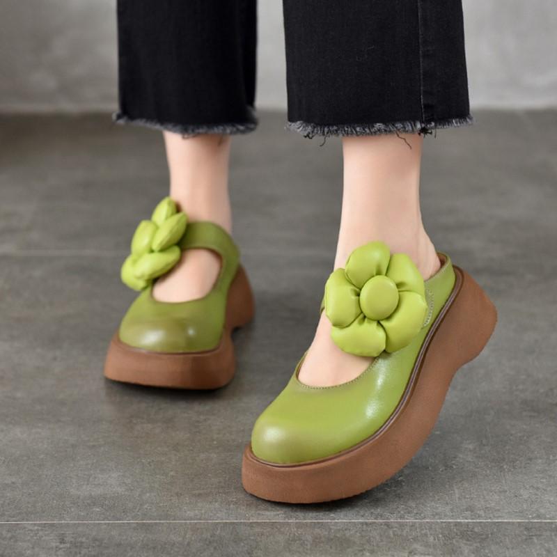 Johnature Detachable Large Flower Round Toe Women's Slippers Genuine Leather Lightweight Thick Soled Sandals