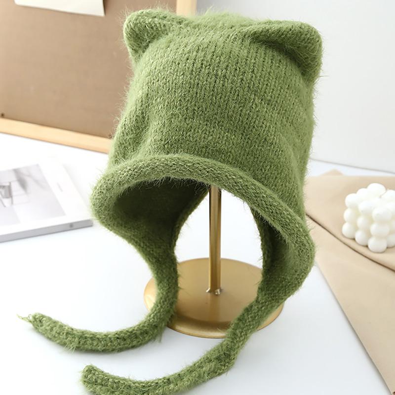 New rope cute cat ears knitted hat autumn and winter warm ear protection hat fashionable face small wool hat