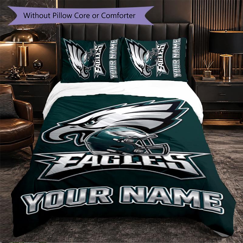 Персонализированный комплект постельного белья Philadelphia Eagles с текстом имени, 1 пододеяльник и 2 наволочки, Персонализированный подарок для спальни