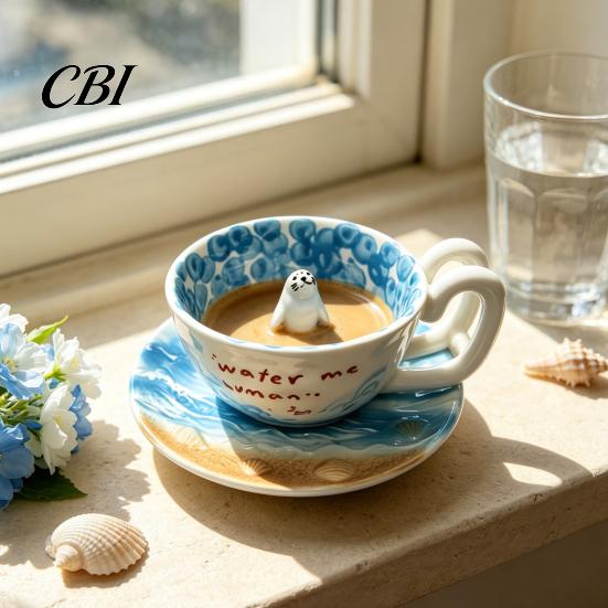 Handcrafted Pottery Mug for Home Cute Ceramic with 3D Seal/Penguin Figurine Inside, Blue Ocean Unique Animal Gift Seal Lovers Themed Coffee