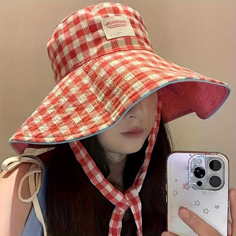New Style Checked Wide-Brim Summer Sun Hat - Lightweight Foldable Double-Sided Lace-Up Boater Bucket Hat with Adjustable Closure
