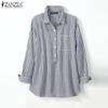 Women Casual Turn Down Collar Stripe Print Long Sleeve Blouse