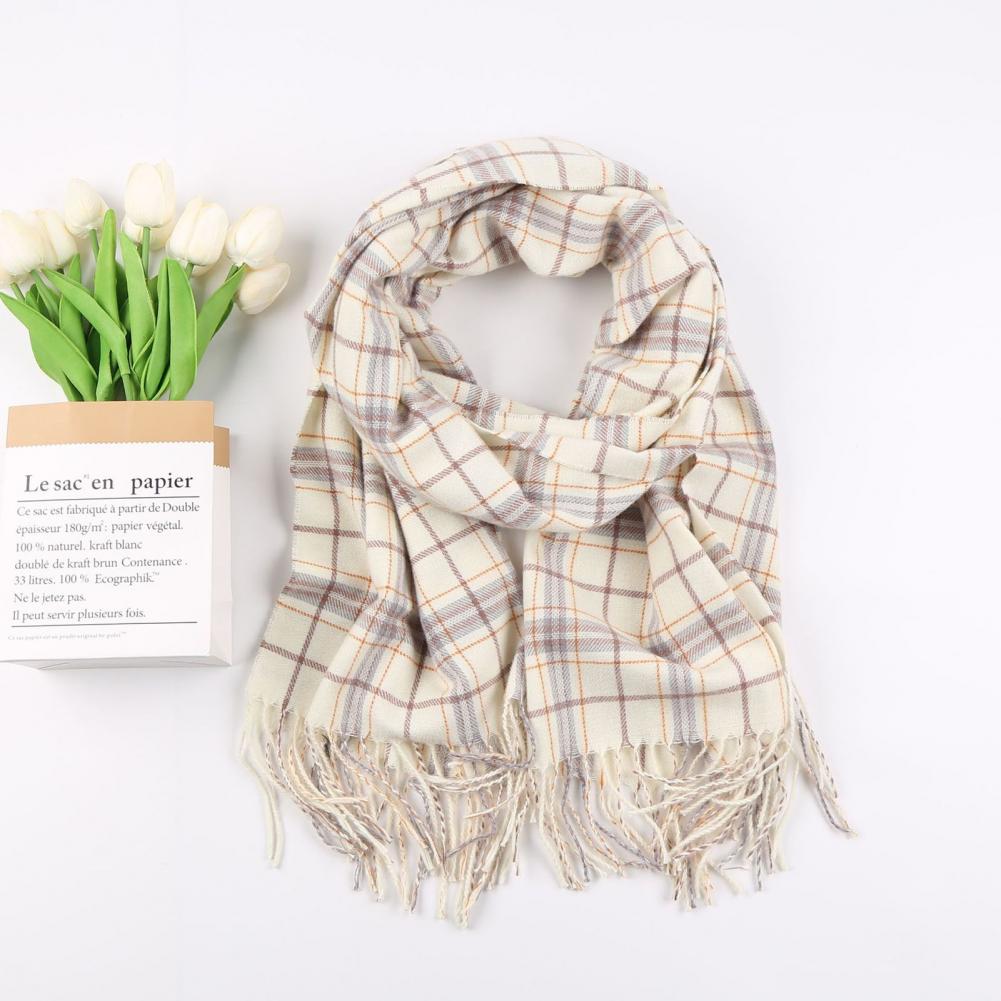 Women Scarf Plaid Pattern Tassel Decoration Thickened Scarf Long Warm Plush Neck Wrap Clothes Accessories