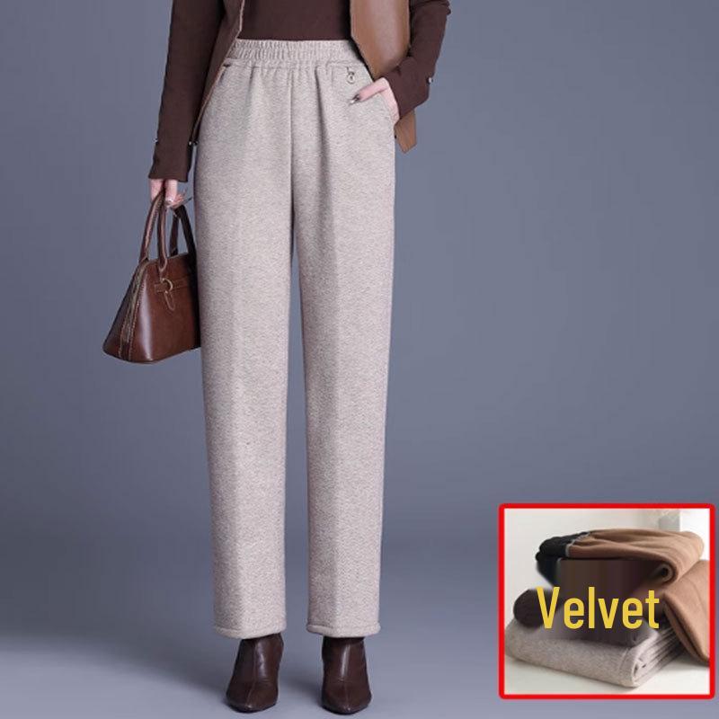 Women's Fleece-Lined Elastic Waist High-Waist Loose Straight-Leg Pants for Spring and Autumn