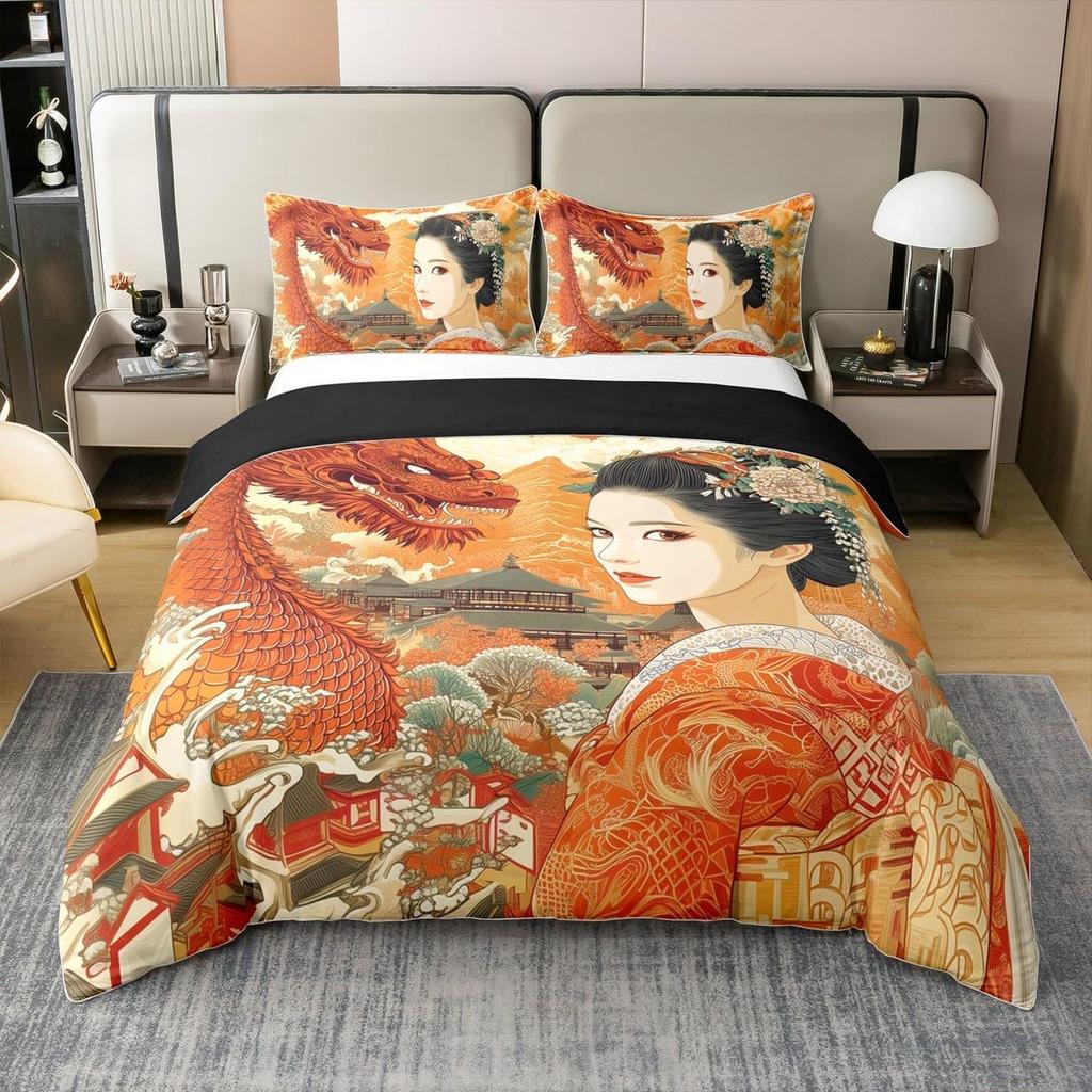 Japanese Ukiyoe Theme Duvet Cover Queen King Size Printed Bedding Set Kids Bedroom Decor Japanese Style 3 Pcs With 2 Pillowcases