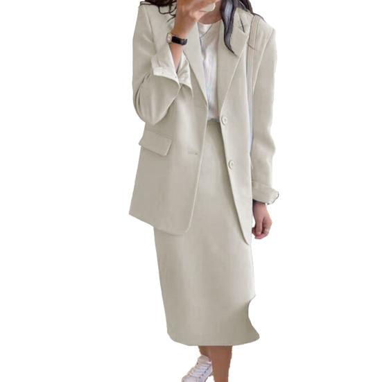2Pcs/Set Women Suit Set Lapel Long Sleeve Flap Pockets Suit Coat High Waist Midi Skirt Set Solid Color Office Lady Suit Workwear