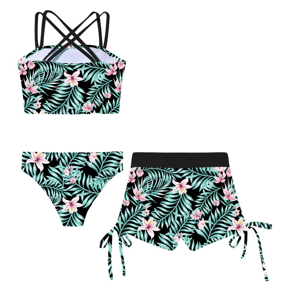 Бикини с шортами. Комплект для девочек. Топ-танкини. Шорты для плавания. Гавайский купальник из трех предметов. Спортивный бюстгальтер-кроссовер. Низ бикини.