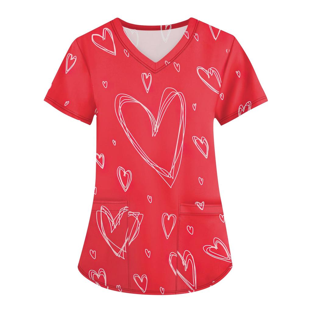 Women's Fashion Printed Short Sleeve V-Neck Top Small Pocket Work T-Shirt