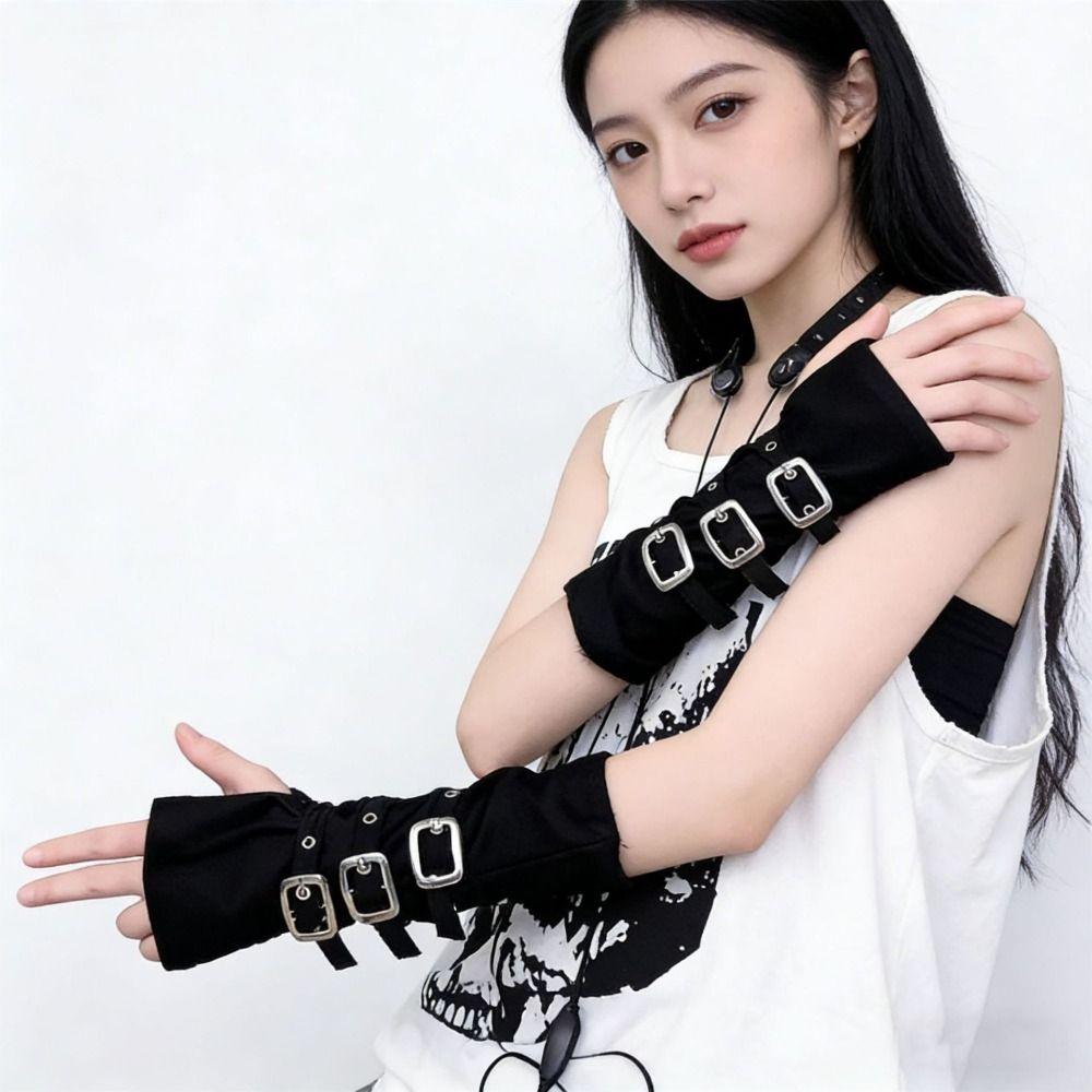 Black Punk Style Elbow Gloves Gothic Metal Button Gloves Harajuku Street Dance Gloves Street Dance