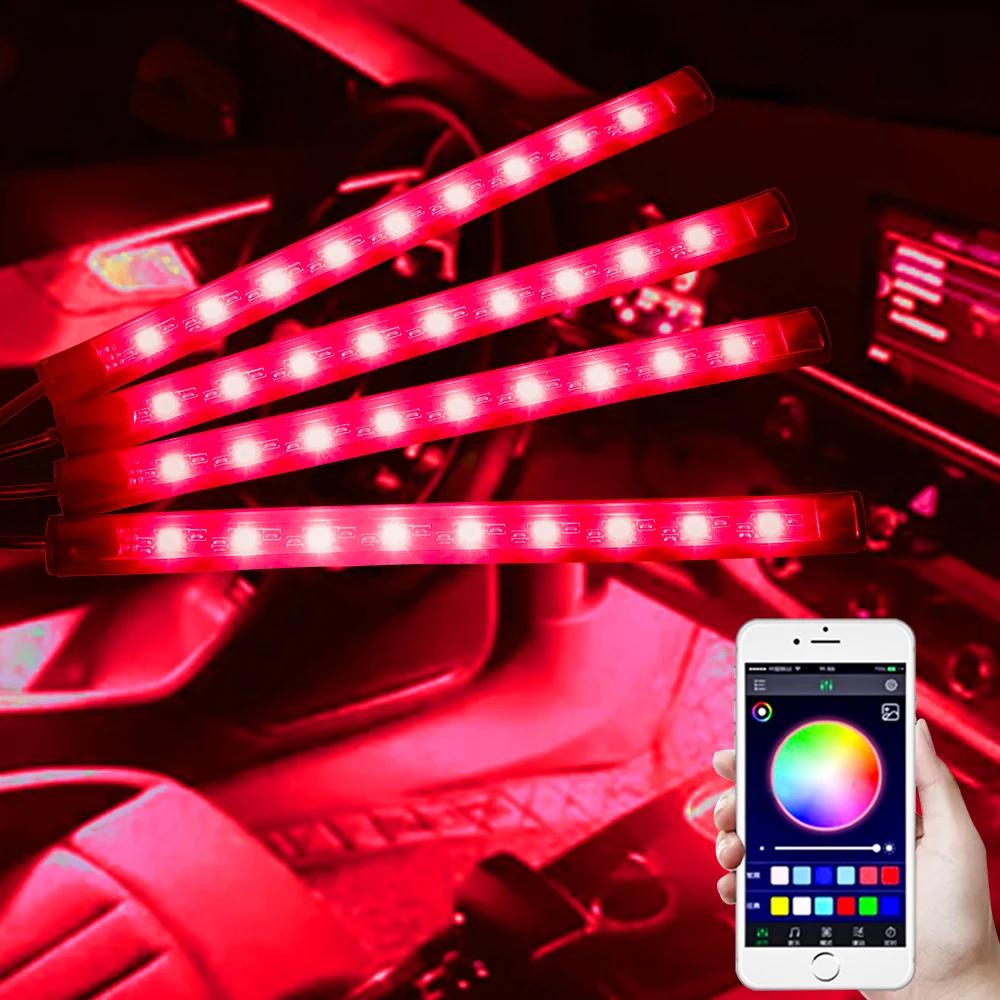 Светодиодная RGB подсветка салона автомобиля 4 в 1, подсветка для ног, динамическая мигающая подсветка, управление цветом RGB через приложение для музыки, USB/прикуриватель, автомобильные аксессуары