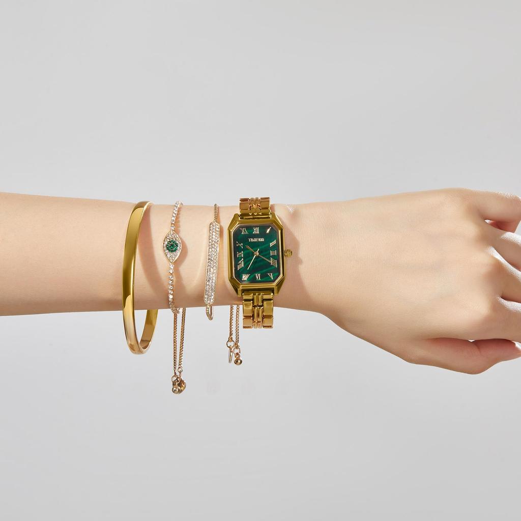 Золотые часы японский кварц подарочный набор элегантные часы из нержавеющей стали 3 браслета подарочная упаковка [TIME100] женские (Золотой цвет)
