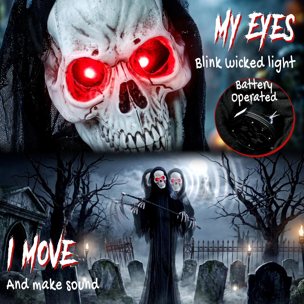 183cm Life Size Animated Grim Reaper Halloween Decoration Scary Halloween Animatronics Decor With Sound Touch Activated