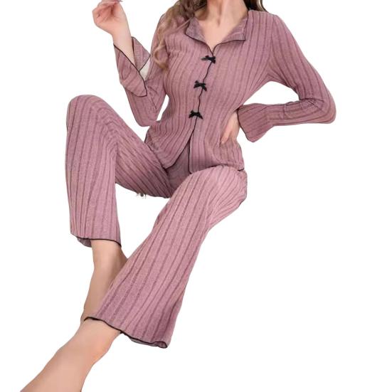 Women's Pajama Set Long Sleeve Top And Wide Leg Long Pants Lounge Set Casual Slim 2 Piece Pjs Sleepwear
