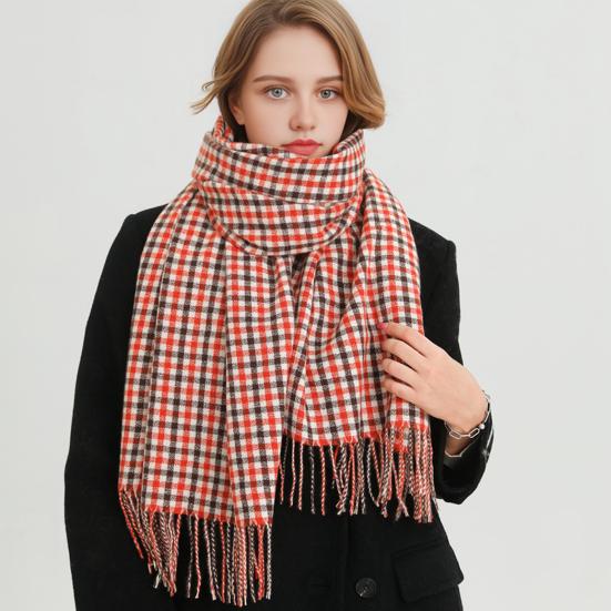 Women Scarf Plaid Print Knitting Shawl with Tassel Decoration Warm Scarf Versatile Comfortable Hair Accessory
