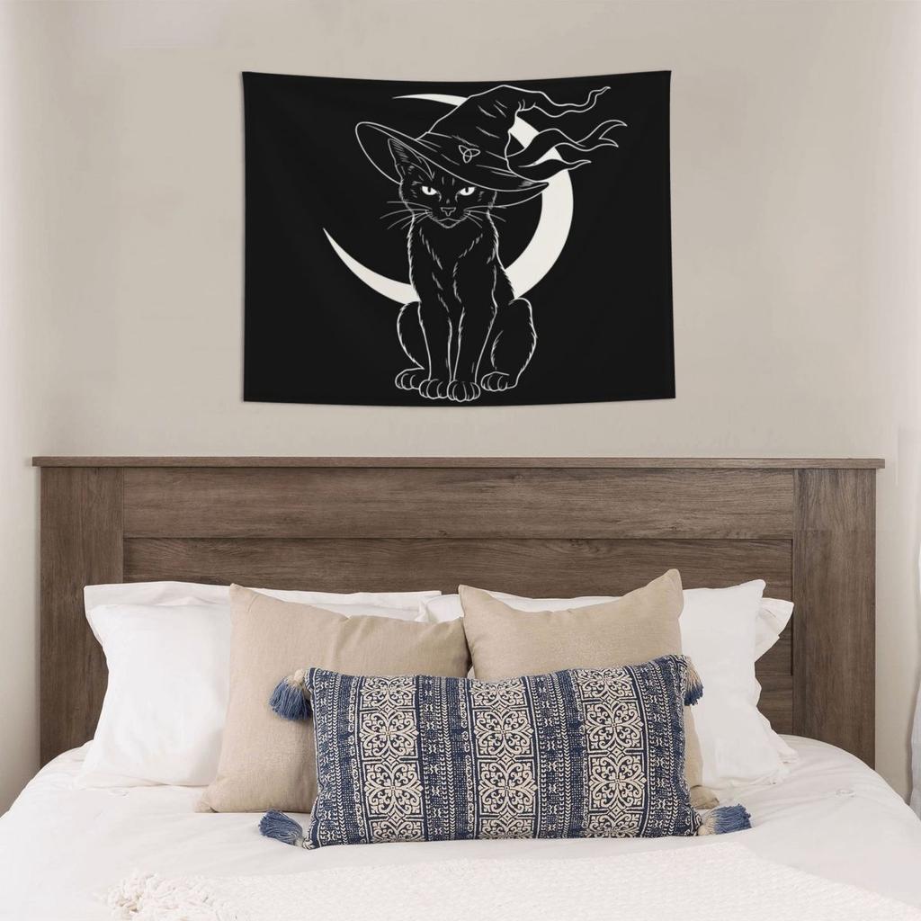 Halloween Black Cats Tapestry Wall Hanging Hippie Polyester Tapestries Witchy Kitty Boho Decoration Wall Decor 95x73cm