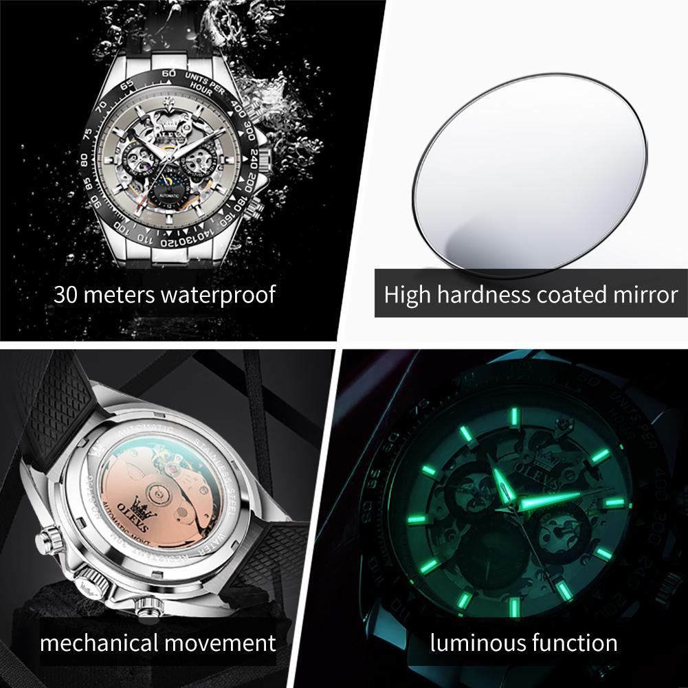 OLEVS 6713 Man Watch Hollow Transparent 3D Outline Automatic Mechanical Men's Watches Original Luxury Moon Phase Watches for Men