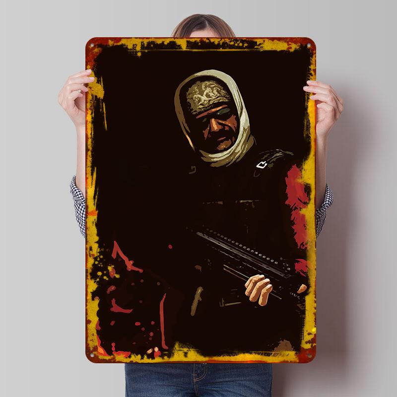 Soldier With Rifle in Dark Setting Tin Plaque Poster Customized Wall Art Retro Vintage Metal Signs for Man Cave Bathroom Decor
