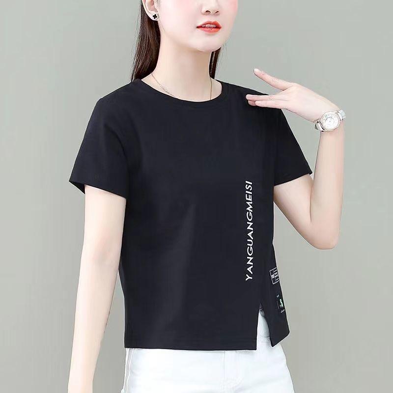 Woman's Tshirts Summer Split Hem Short Sleeve Letters O Neck Korean Style Casual Woman Top Tee Shirt