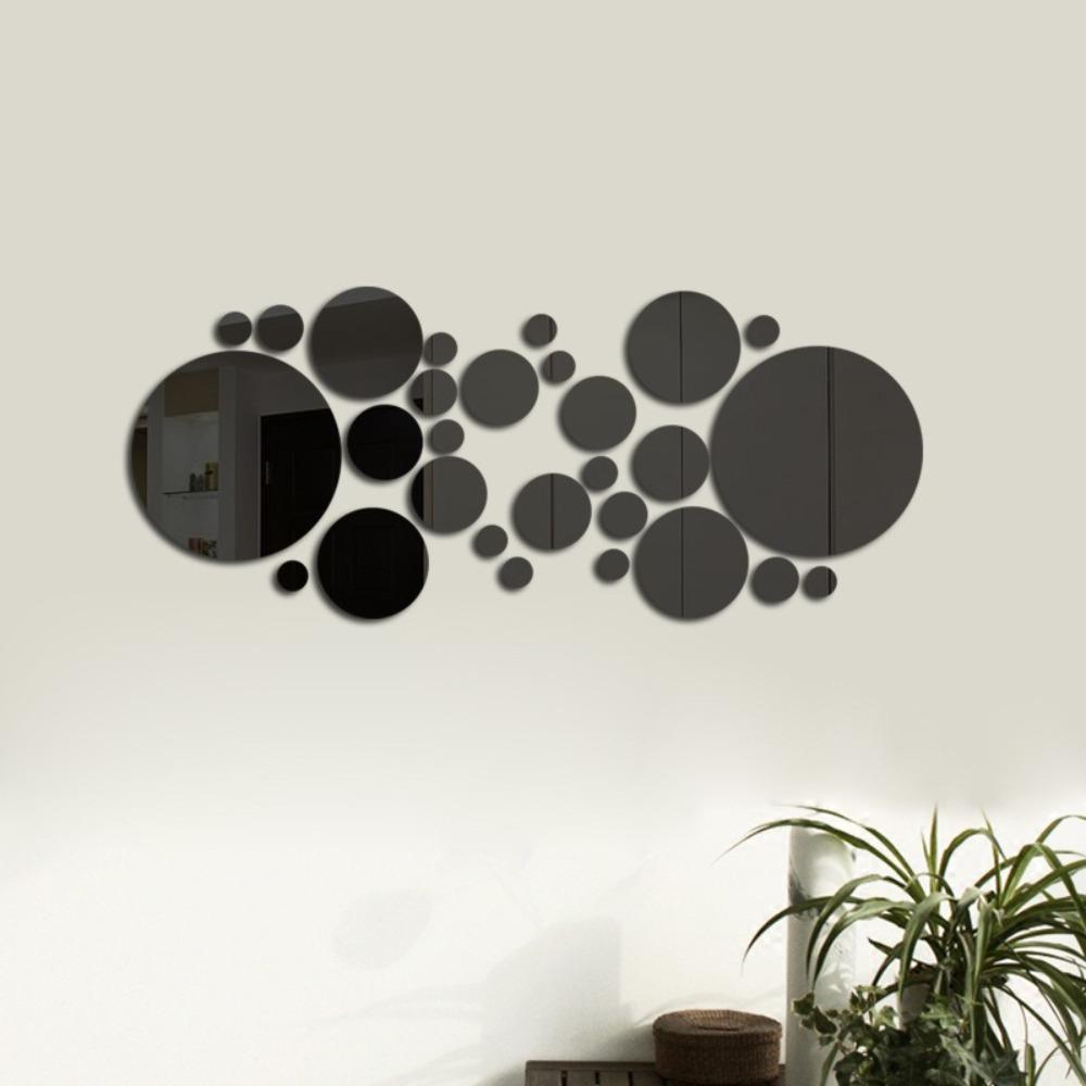 32Pcs Silver Mirror Decals Circle Home Background Decoration 3D Mirror Wall Sticker Living Room