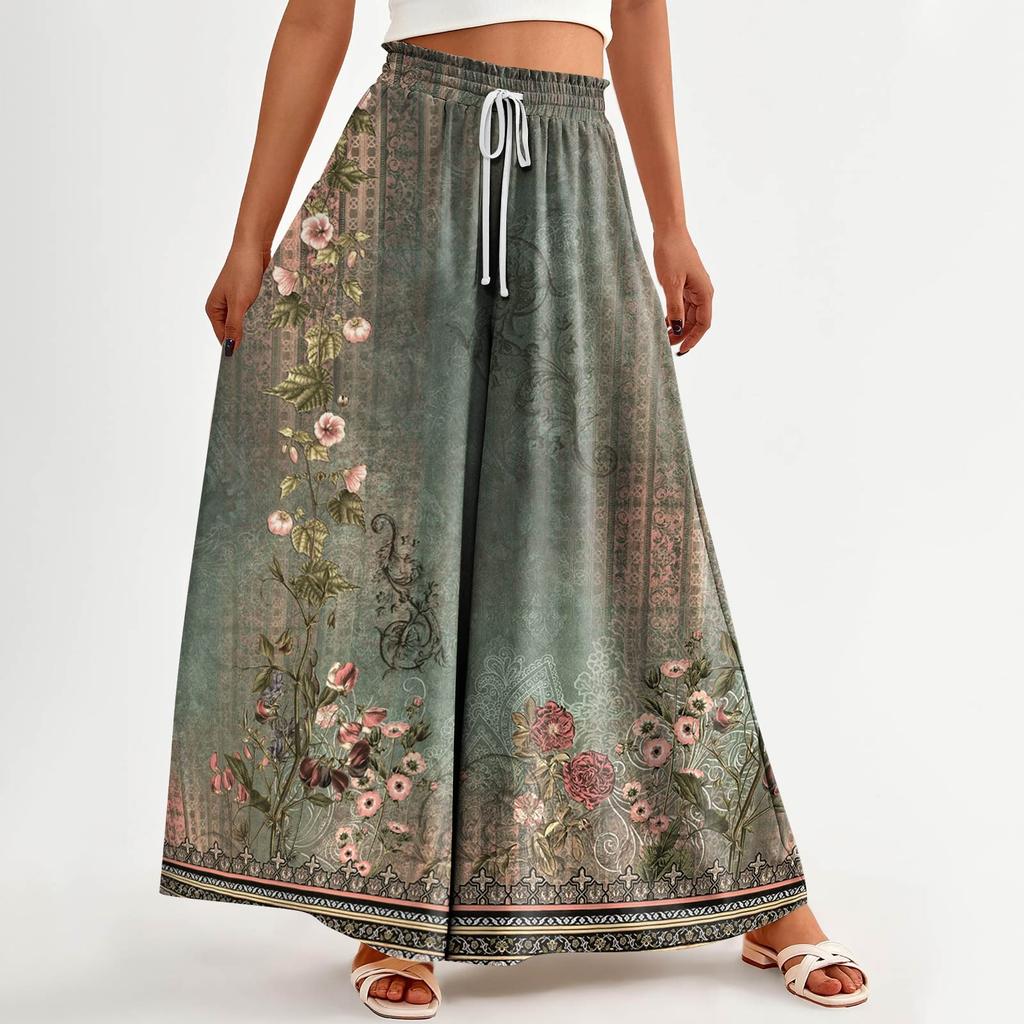 Women's Palazzo Pants Boho Floral Wide Leg Trousers Summer Beach High Waisted Flowy Pants With Pockets