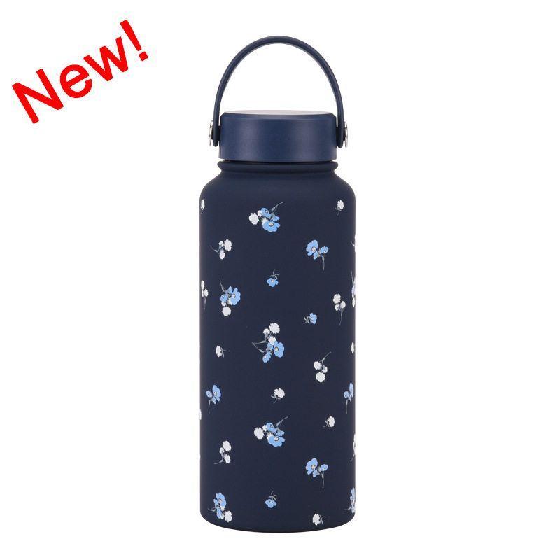 2025 New Model 1L Large Capacity Thermos Cup with Wide Mouth, Portable Handle, Sports Water Bottle, Outdoor Printed Water Cup for Women