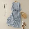 2023 Summer Women's Loose Cotton Linen Maxi Dress with Belt, Round Neck, Short Sleeves, and Artistic Style