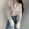 Весенняя кружевная белая блузка женская ажурная рубашка с цветочной вышивкой сексуальный прозрачный топ с отложным воротником и длинными рукавами 13369